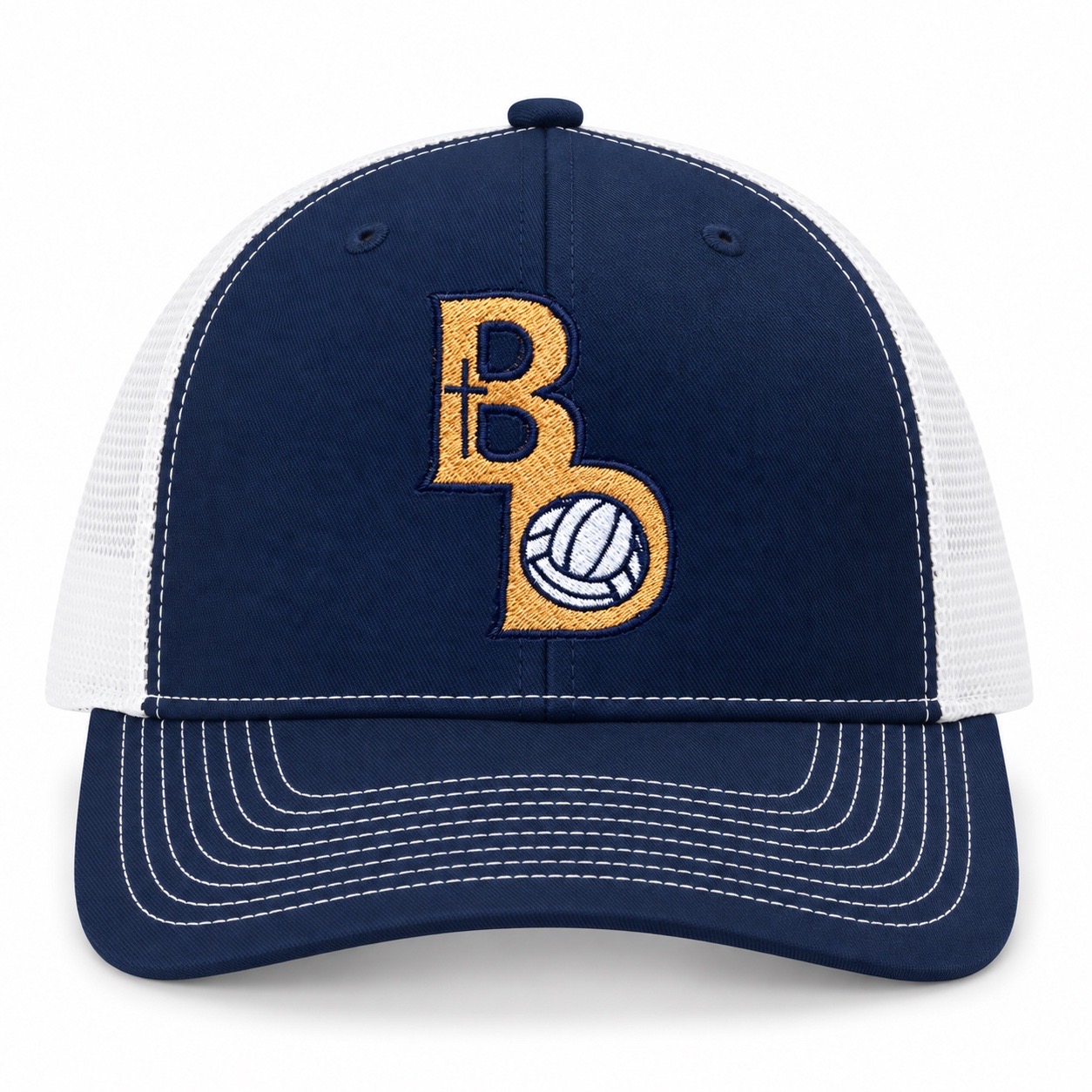 Navy and white Bishop Dwenger volleyball trucker hat with an embroidered gold and white logo