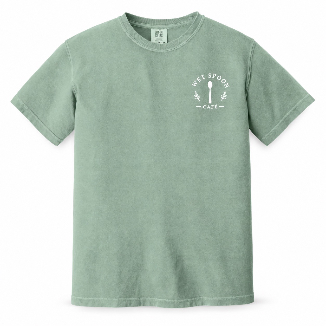 Front of a sage green Wet Spoon Café T-shirt with a white left-chest print