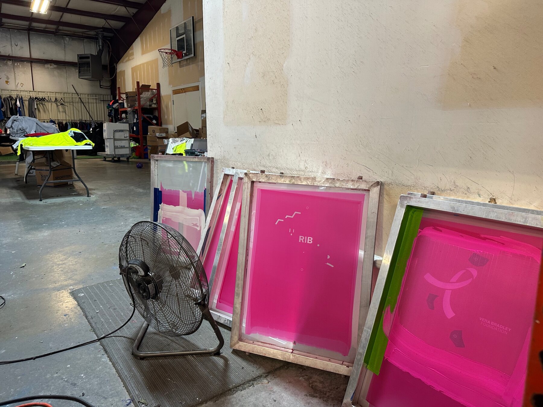 Prepared screen printing screens inside the NAS shop