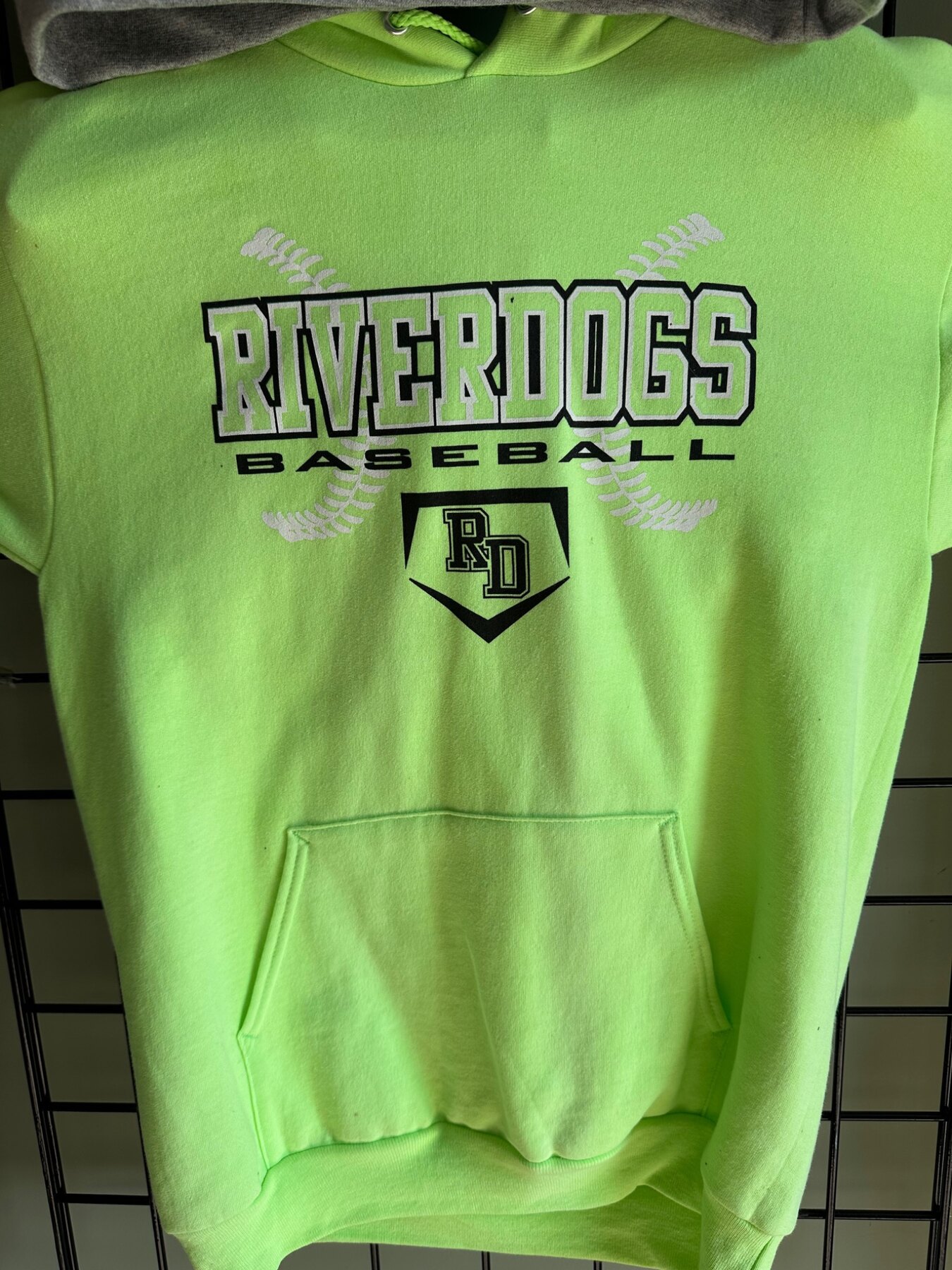 Riverdogs Baseball screen printed neon hoodie detail