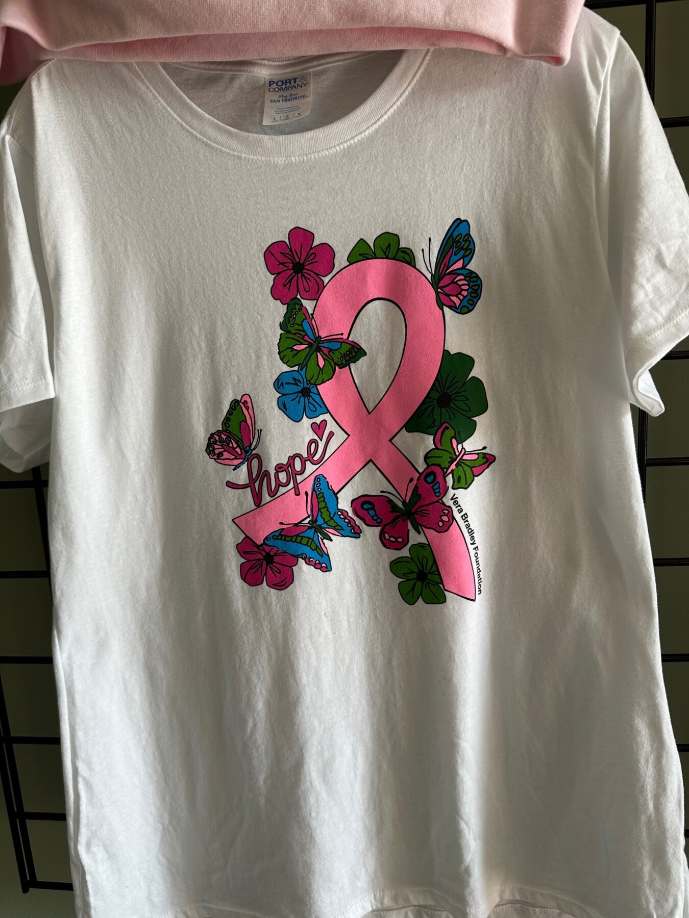 Vera Bradley Foundation ribbon graphic screen printed on a white shirt