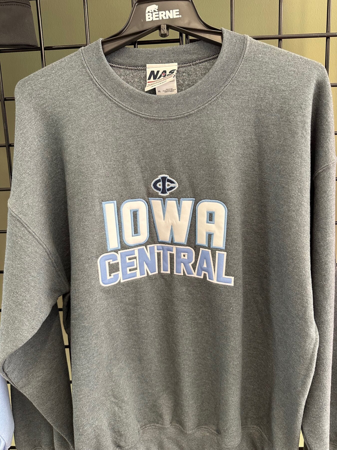 Gray Iowa Central crewneck with layered collegiate appliqué